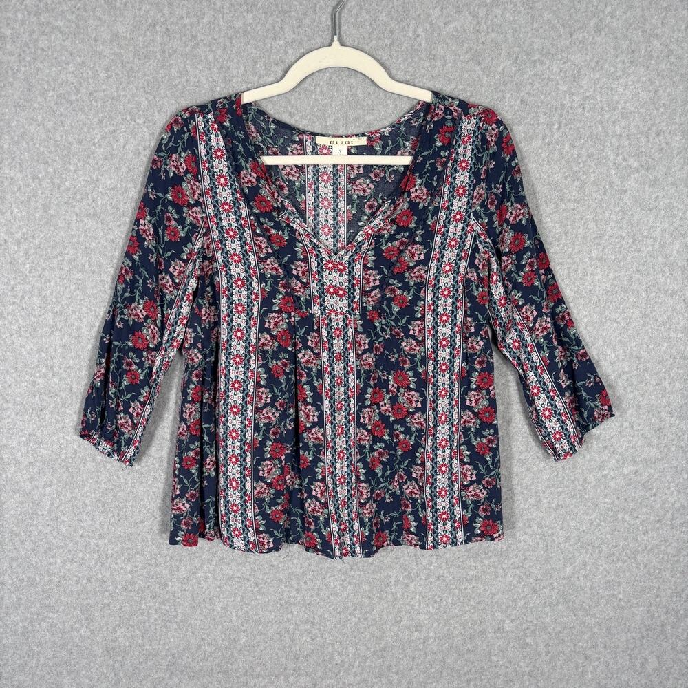 Miami Blouse Small Teal Floral Crochet Trim Boho Peasant Cottage Farmhouse
